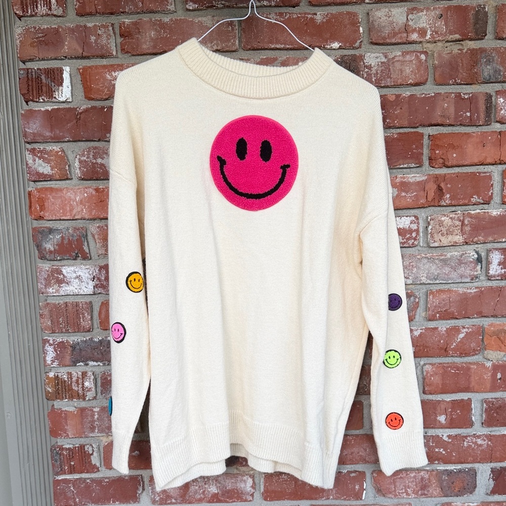 Hazel & Olive Cream Sweater with Colorful Smiley Faces one size